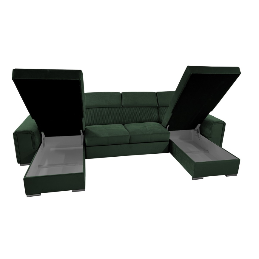 Rozkładana sofa narożna w kształcie litery U z pojemnikiem na przechowywanie SALVADA zielona