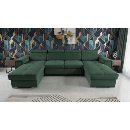 Rozkładana sofa narożna w kształcie litery U z pojemnikiem na przechowywanie SALVADA zielona