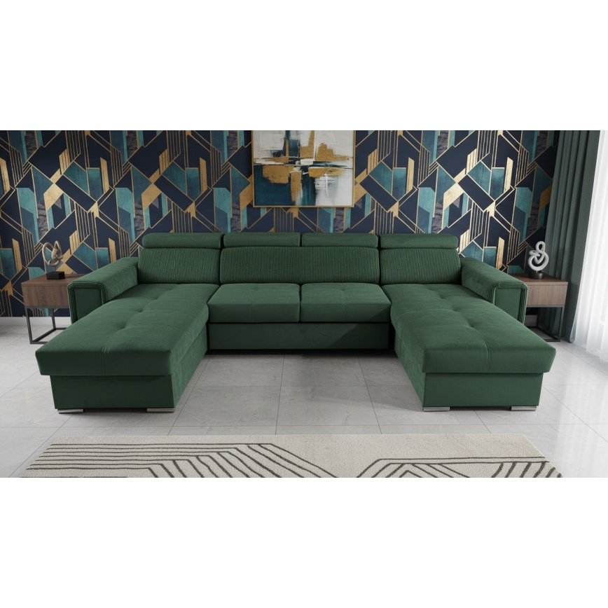 Rozkładana sofa narożna w kształcie litery U z pojemnikiem na przechowywanie SALVADA zielona