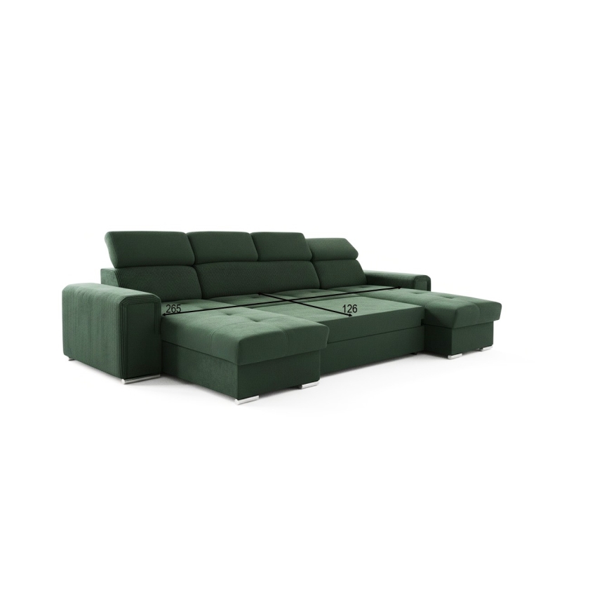 Rozkładana sofa narożna w kształcie litery U z pojemnikiem na przechowywanie SALVADA zielona