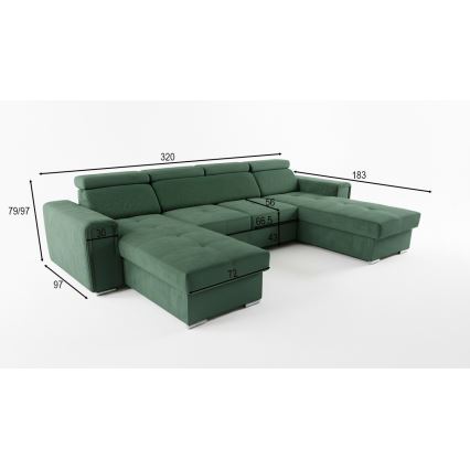 Rozkładana sofa narożna w kształcie litery U z pojemnikiem na przechowywanie SALVADA zielona
