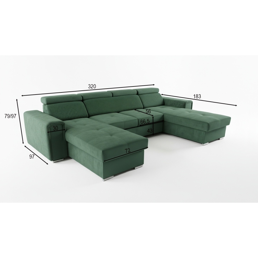 Rozkładana sofa narożna w kształcie litery U z pojemnikiem na przechowywanie SALVADA zielona