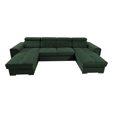 Rozkładana sofa narożna w kształcie litery U z pojemnikiem na przechowywanie SALVADA zielona