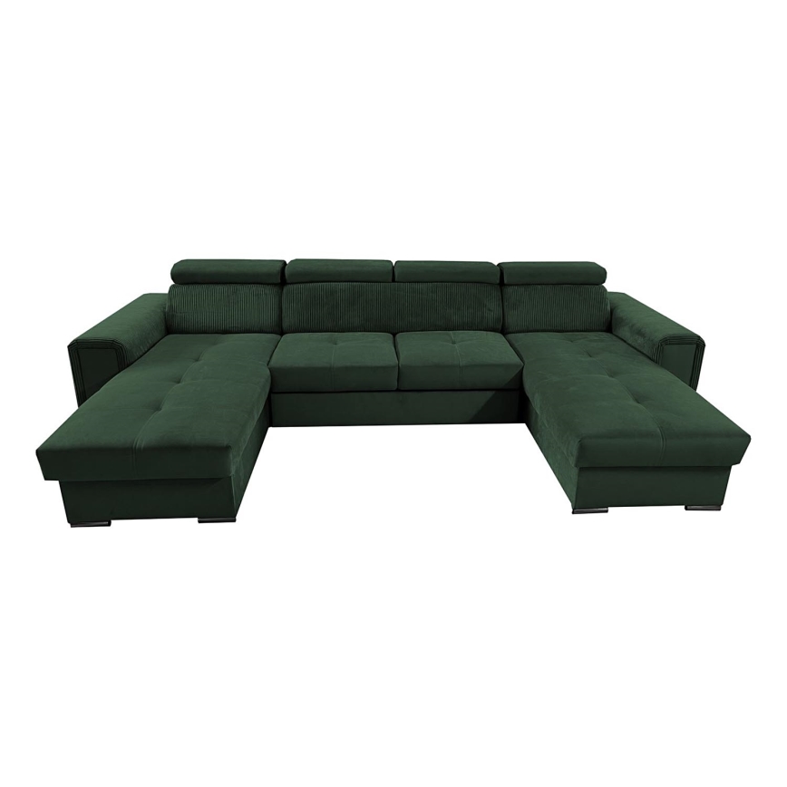 Rozkładana sofa narożna w kształcie litery U z pojemnikiem na przechowywanie SALVADA zielona