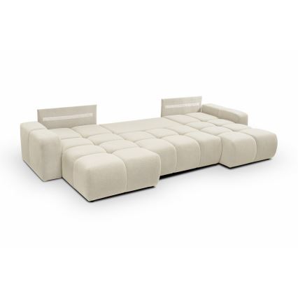 Rozkładana tapicerowana sofa narożna z pojemnikiem na pościel w kształcie litery U ALMADA beżowa