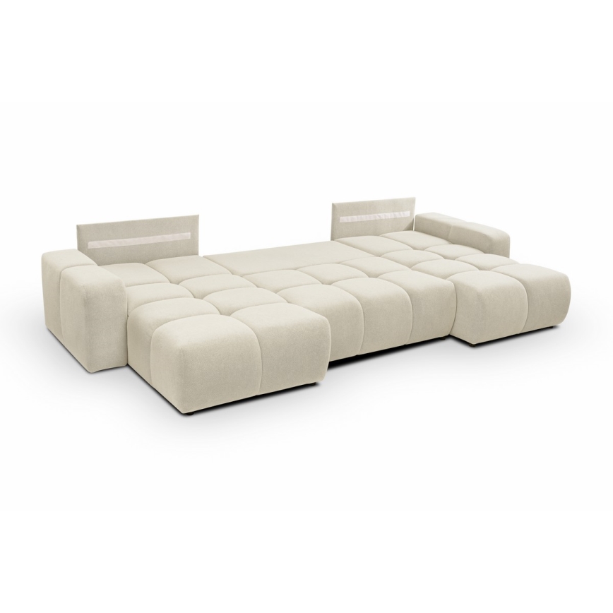 Rozkładana tapicerowana sofa narożna z pojemnikiem na pościel w kształcie litery U ALMADA beżowa