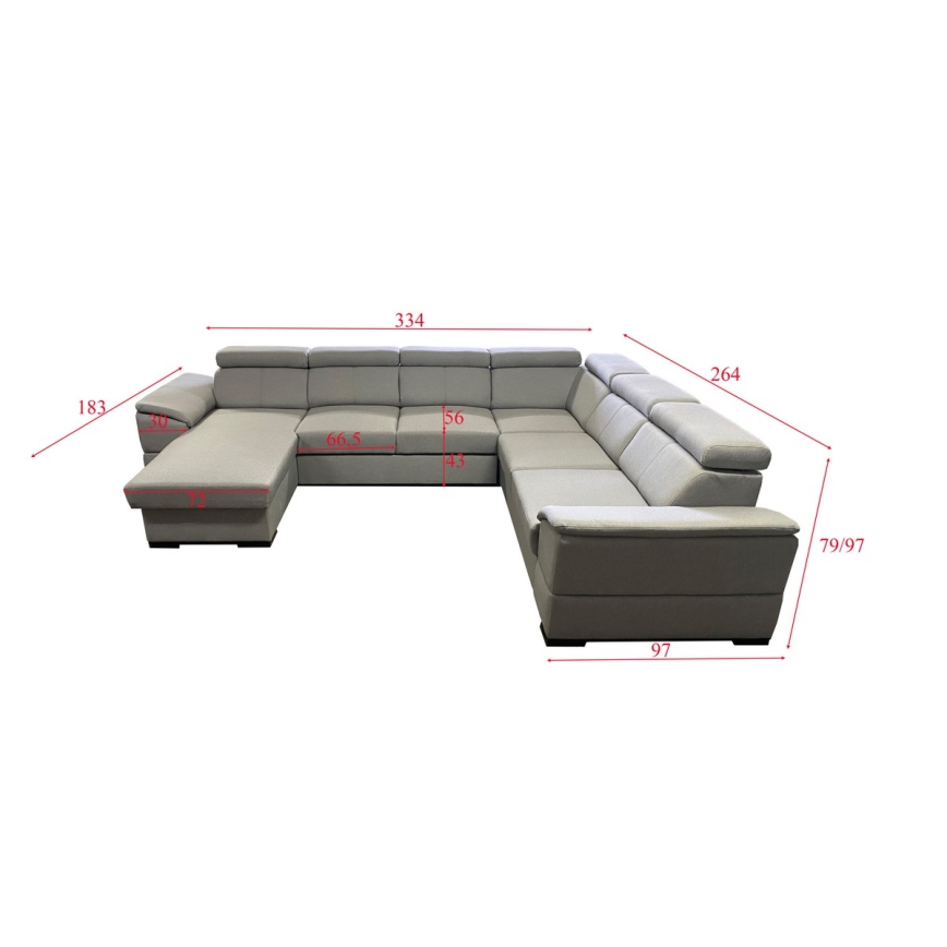 Rozkładana sofa typu U z uniwers. narożnikiem z miejscem do przechowywania GRANADA jasno szary