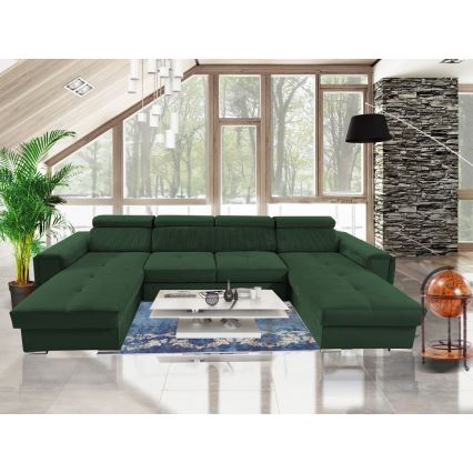 Rozkładana sofa typu U z uniwers. narożnikiem z miejscem do przechowywania SALVADA zielony