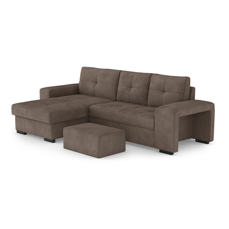 Rozkładana sofa z miejscem do przechowywania i pufą PALERMO brązowy lewa