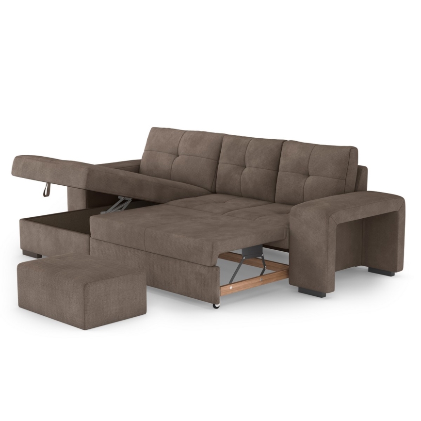 Rozkładana sofa z miejscem do przechowywania i pufą PALERMO brązowy lewa
