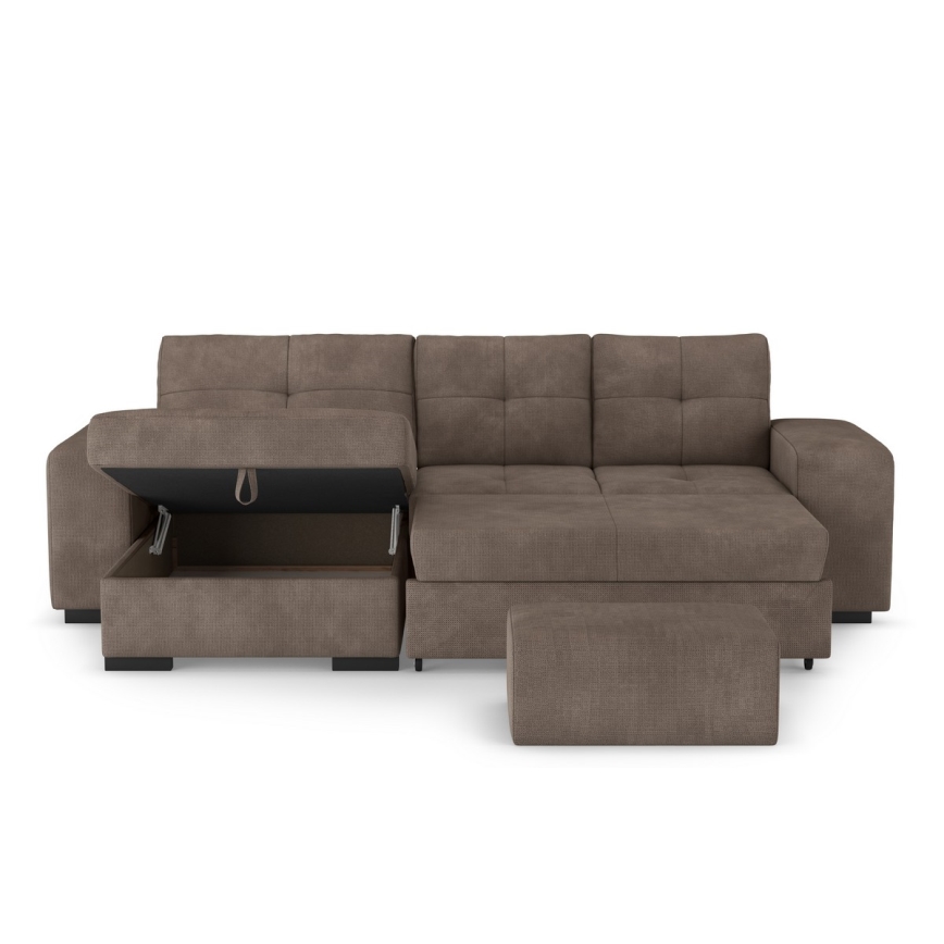 Rozkładana sofa z miejscem do przechowywania i pufą PALERMO brązowy lewa