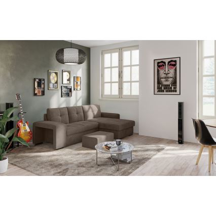 Rozkładana sofa z miejscem do przechowywania i pufą PALERMO brązowy prawy