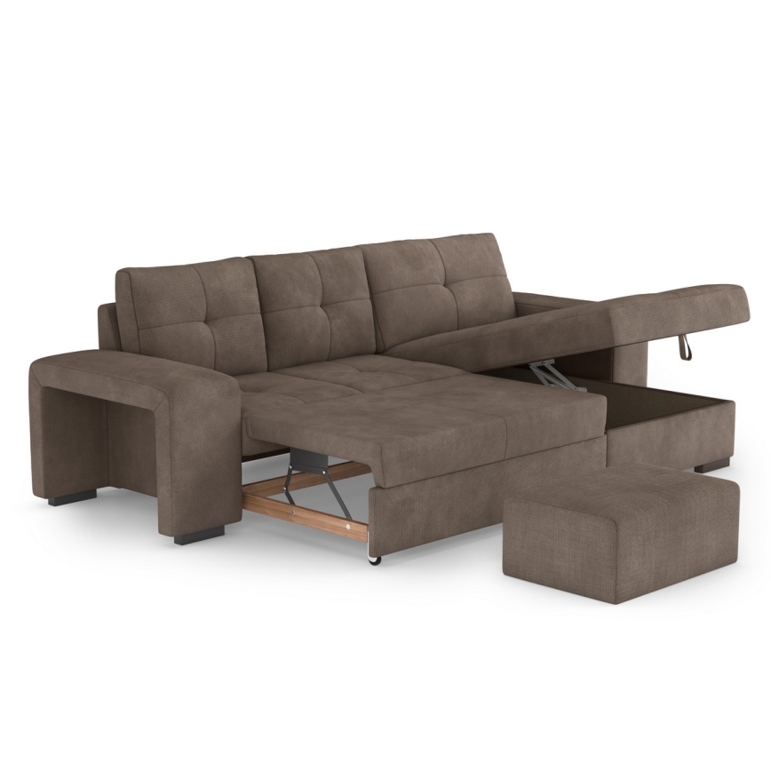 Rozkładana sofa z miejscem do przechowywania i pufą PALERMO brązowy prawy