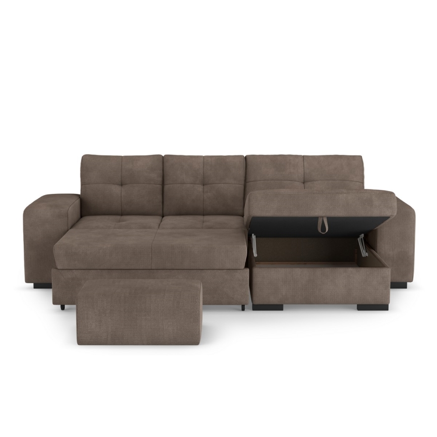 Rozkładana sofa z miejscem do przechowywania i pufą PALERMO brązowy prawy