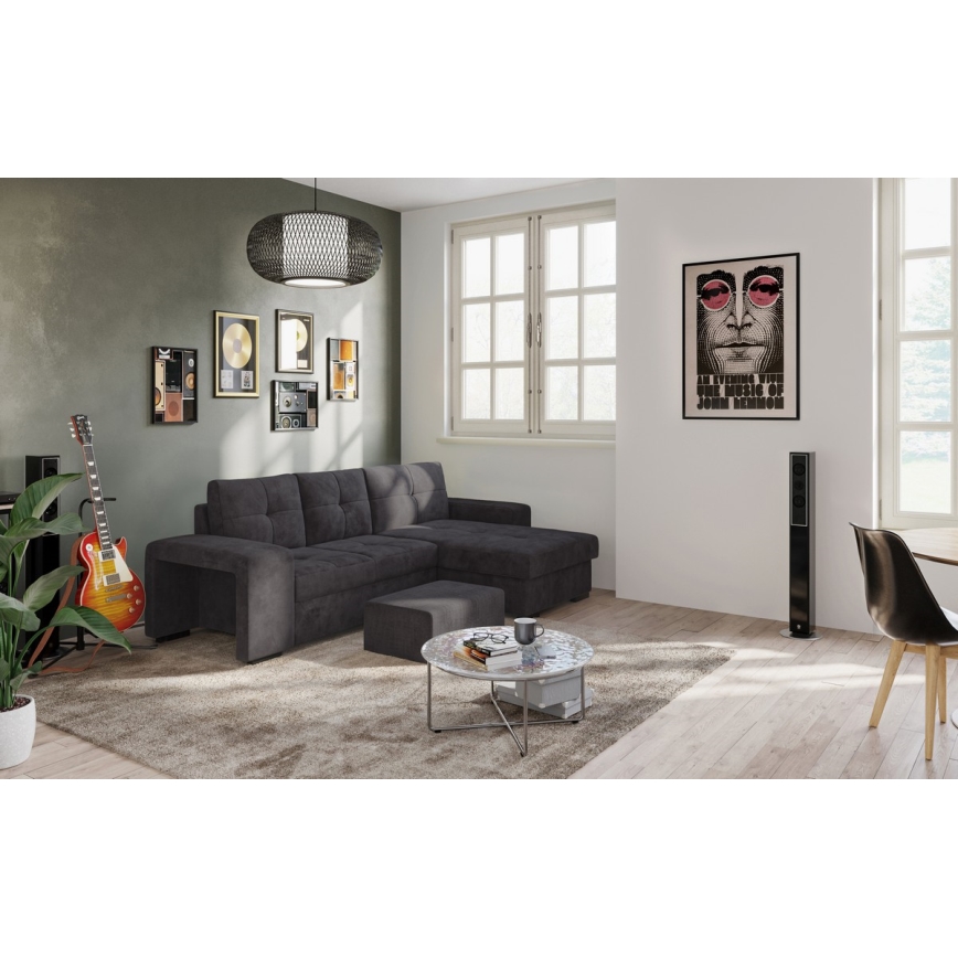 Rozkładana sofa z miejscem do przechowywania i pufą PALERMO czarny lewa
