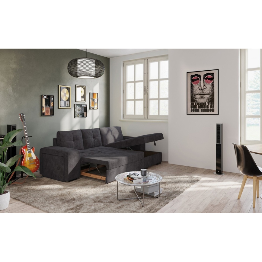 Rozkładana sofa z miejscem do przechowywania i pufą PALERMO czarny prawy