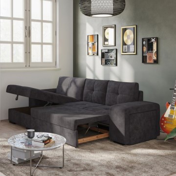 Rozkładana sofa z pojemnikiem i pufą PALERMO czarna lewa