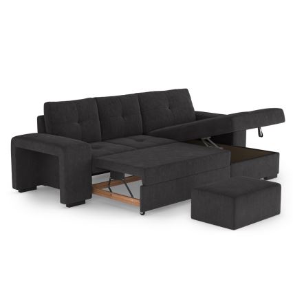 Rozkładana sofa z pojemnikiem i pufą PALERMO, czarna, prawostronna