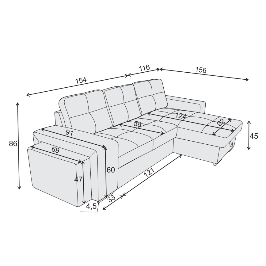 Rozkładana sofa z pojemnikiem i pufą PALERMO, czarna, prawostronna