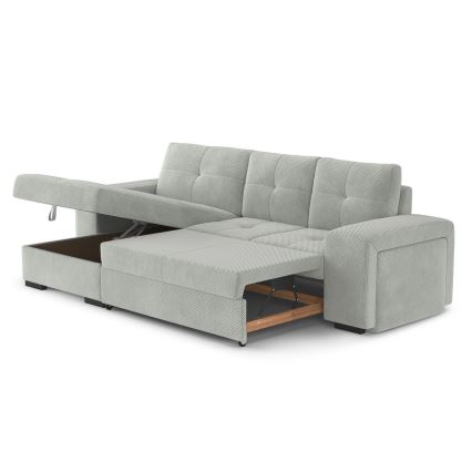 Rozkładana sofa z pojemnikiem i pufą PALERMO jasnoszara lewa