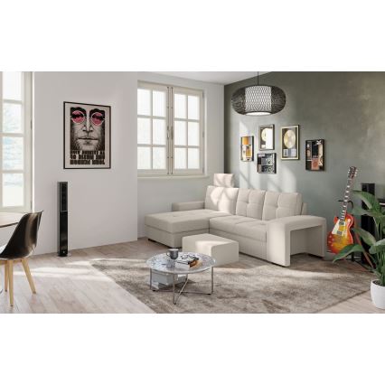 Rozkładana sofa z pojemnikiem i pufą PALERMO jasnoszara lewa