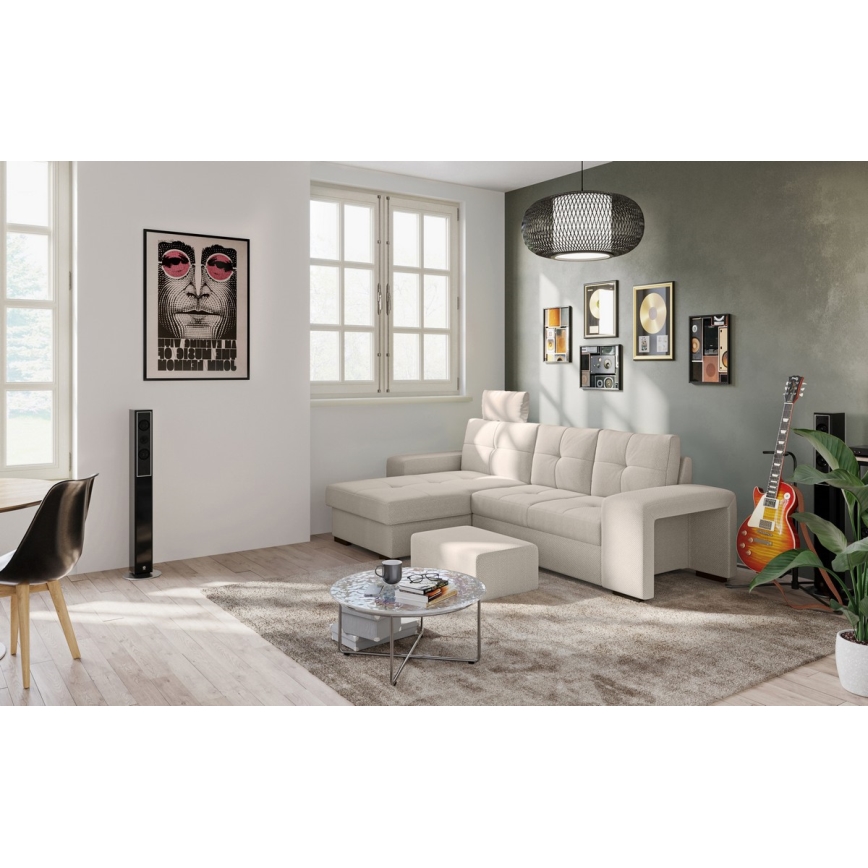 Rozkładana sofa z pojemnikiem i pufą PALERMO jasnoszara lewa