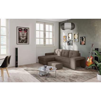 Rozkładana sofa z pojemnikiem i pufem PALERMO brązowa lewa