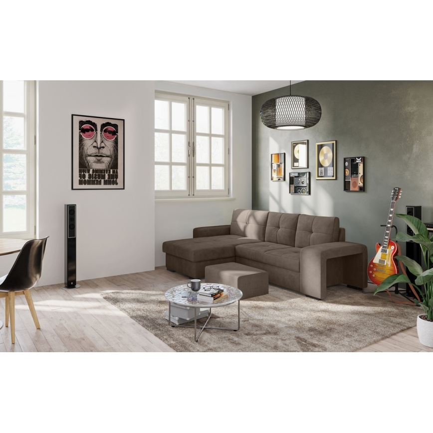 Rozkładana sofa z pojemnikiem i pufem PALERMO brązowa lewa