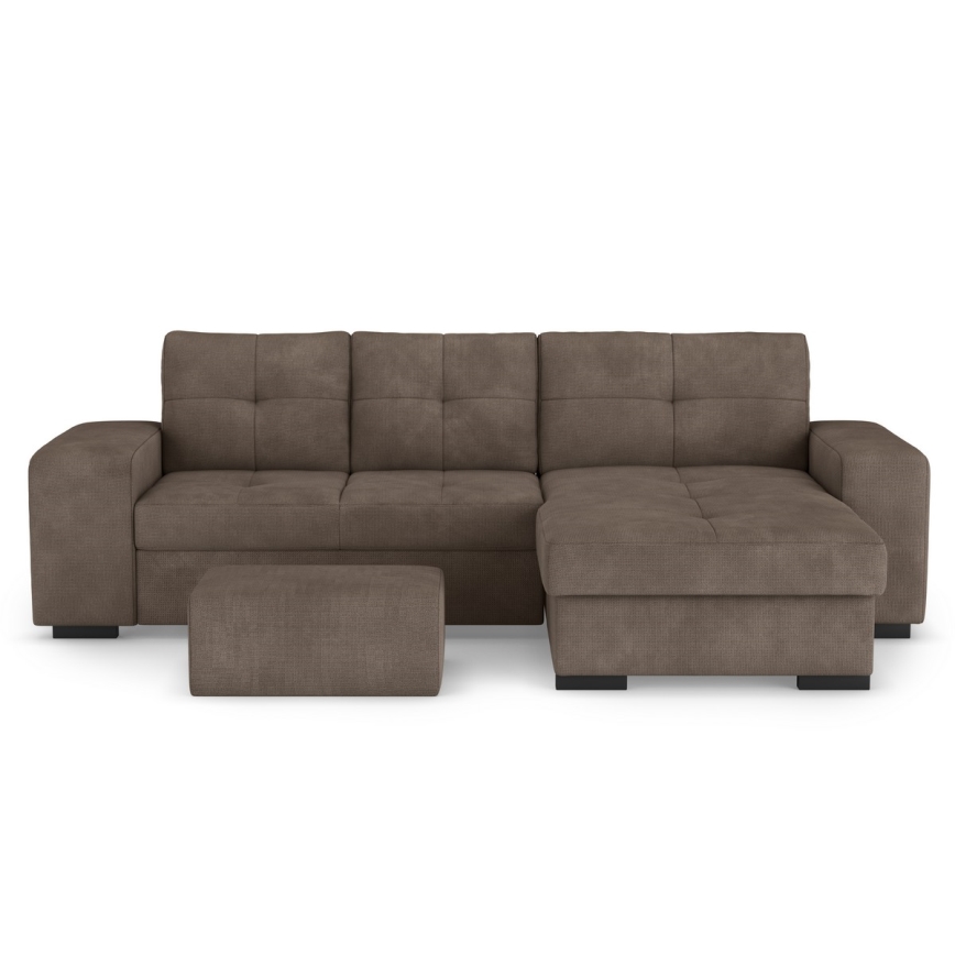 Rozkładana sofa z pojemnikiem i pufem PALERMO, brązowa, prawostronna