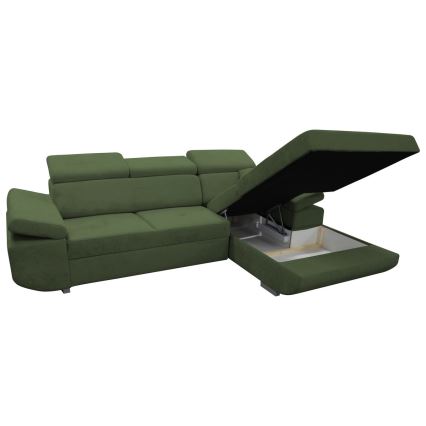 Rozkładany narożnik CASTELO w układzie L, prawostronny, zielony, z pojemnikiem