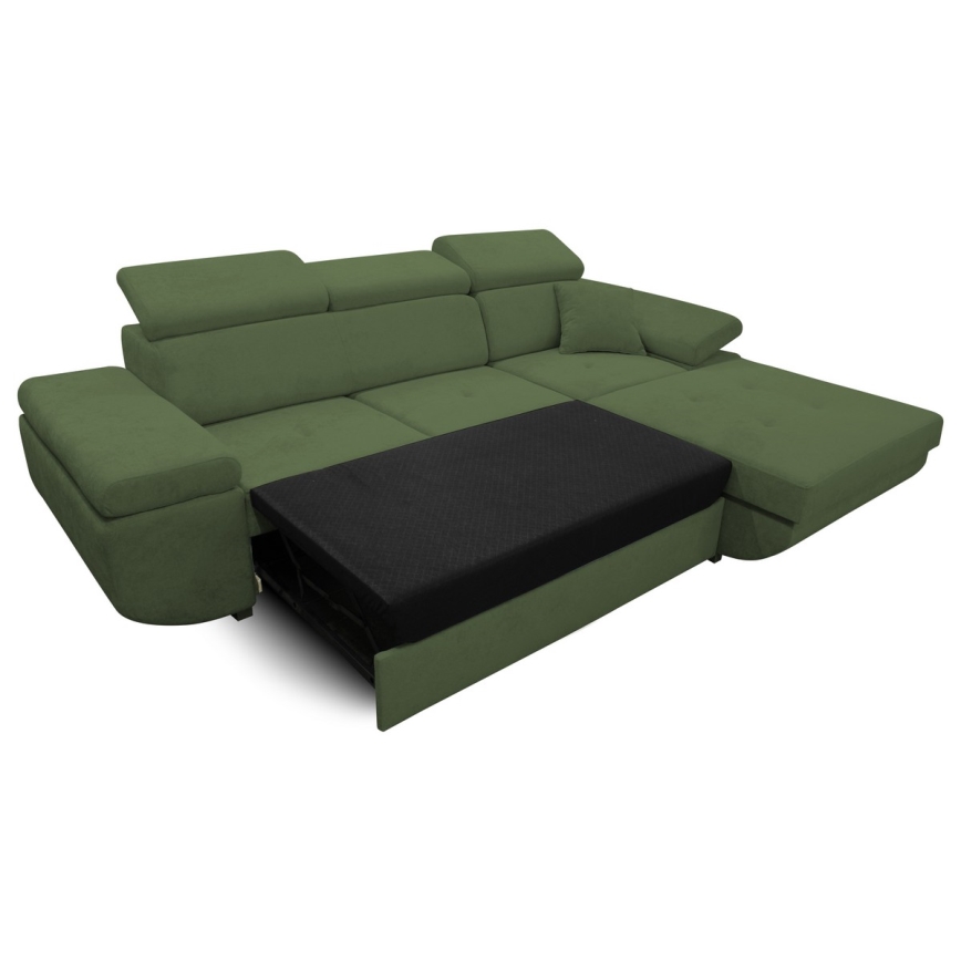 Rozkładany narożnik CASTELO w układzie L, prawostronny, zielony, z pojemnikiem