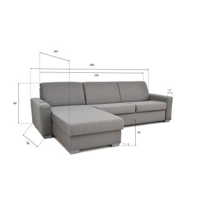 Rozkładany narożnik do codziennego spania z pojemnikiem na pościel w kształcie litery L LEKA lewy szary