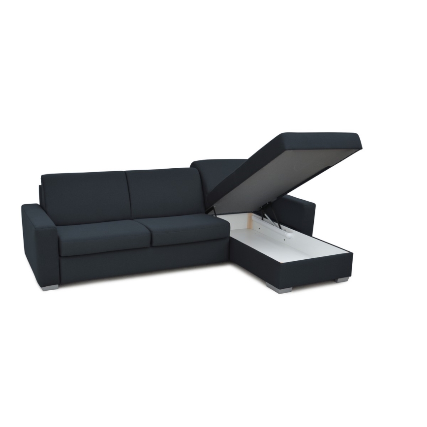 Rozkładany narożnik do codziennego spania z pojemnikiem na pościel w kształcie litery L LEKA prawy niebieski