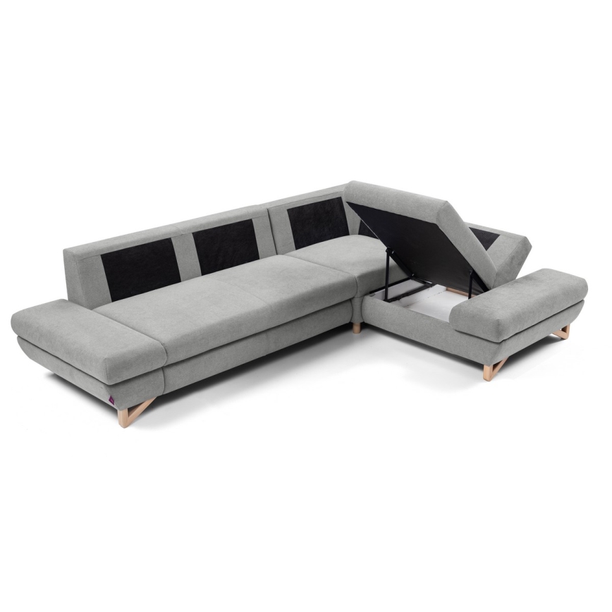 Rozkładany narożnik tapicerowany z pojemnikiem AVESTA, układ L, prawy, szary