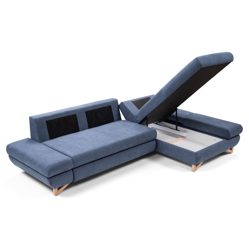 Narożnik rozkładany tapicerowany z pojemnikiem w kształcie L AVESTA — prawostronny, niebieski