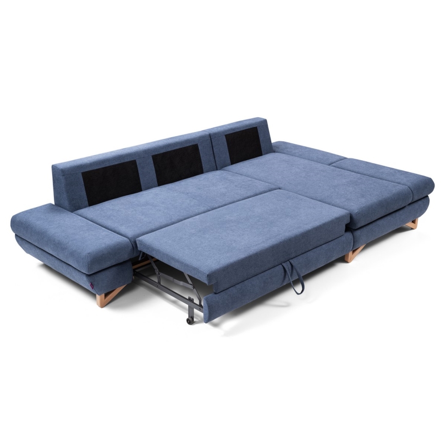 Narożnik rozkładany tapicerowany z pojemnikiem w kształcie L AVESTA — prawostronny, niebieski