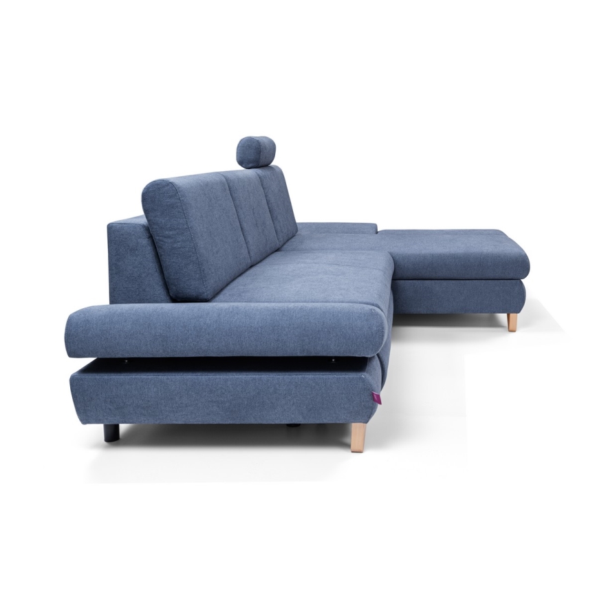 Narożnik rozkładany tapicerowany z pojemnikiem w kształcie L AVESTA — prawostronny, niebieski