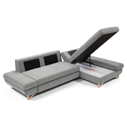 Rozkładany narożnik tapicerowany z pojemnikiem na pościel w kształcie L AVESTA prawostronny szary