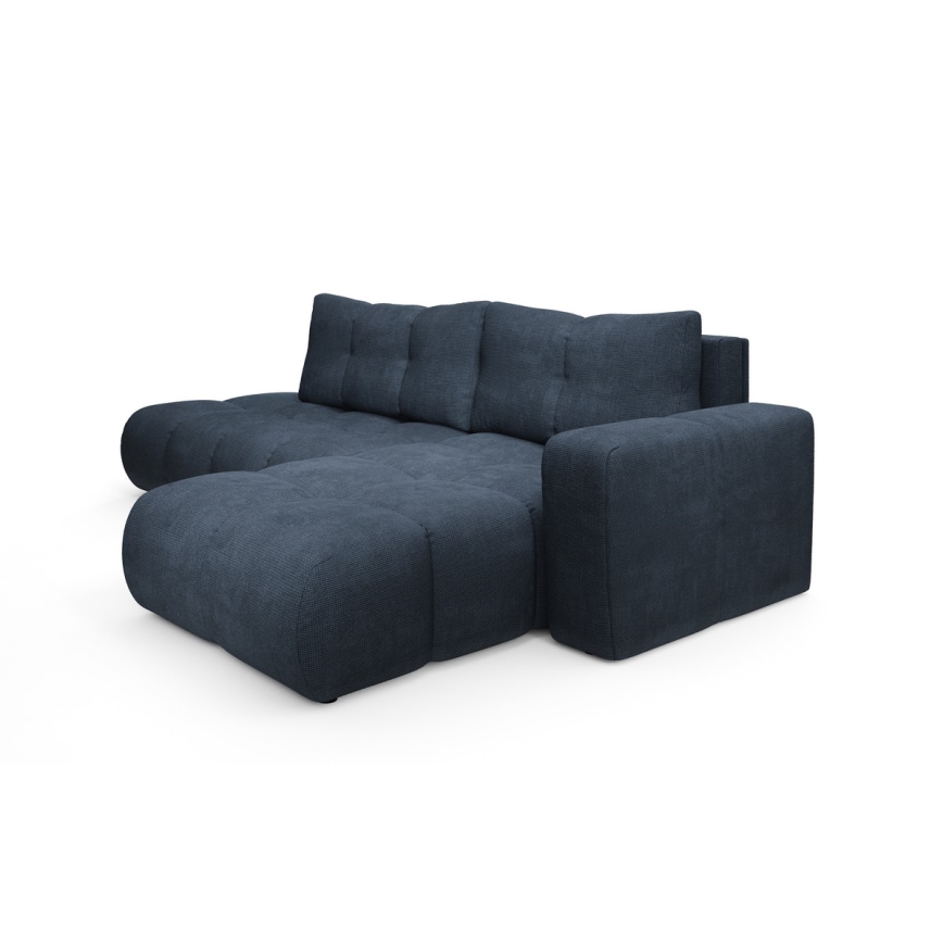 Rozkładana narożna sofa tapicerowana ALMADA w układzie L, prawostronna, niebieska, z pojemnikiem na przechowywanie