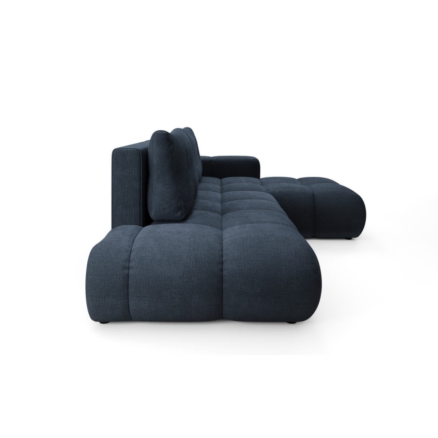 Rozkładana narożna sofa tapicerowana ALMADA w układzie L, prawostronna, niebieska, z pojemnikiem na przechowywanie