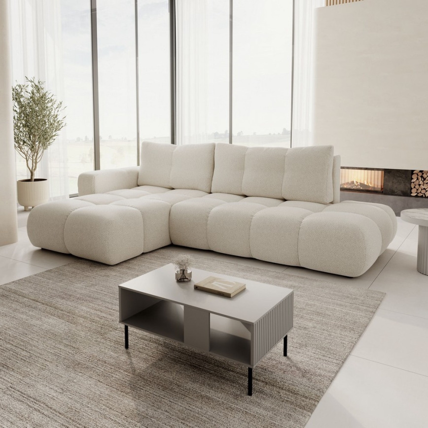 Rozkładany narożnik tapicerowany z pojemnikiem w układzie L ALMADA lewy jasnobeżowy