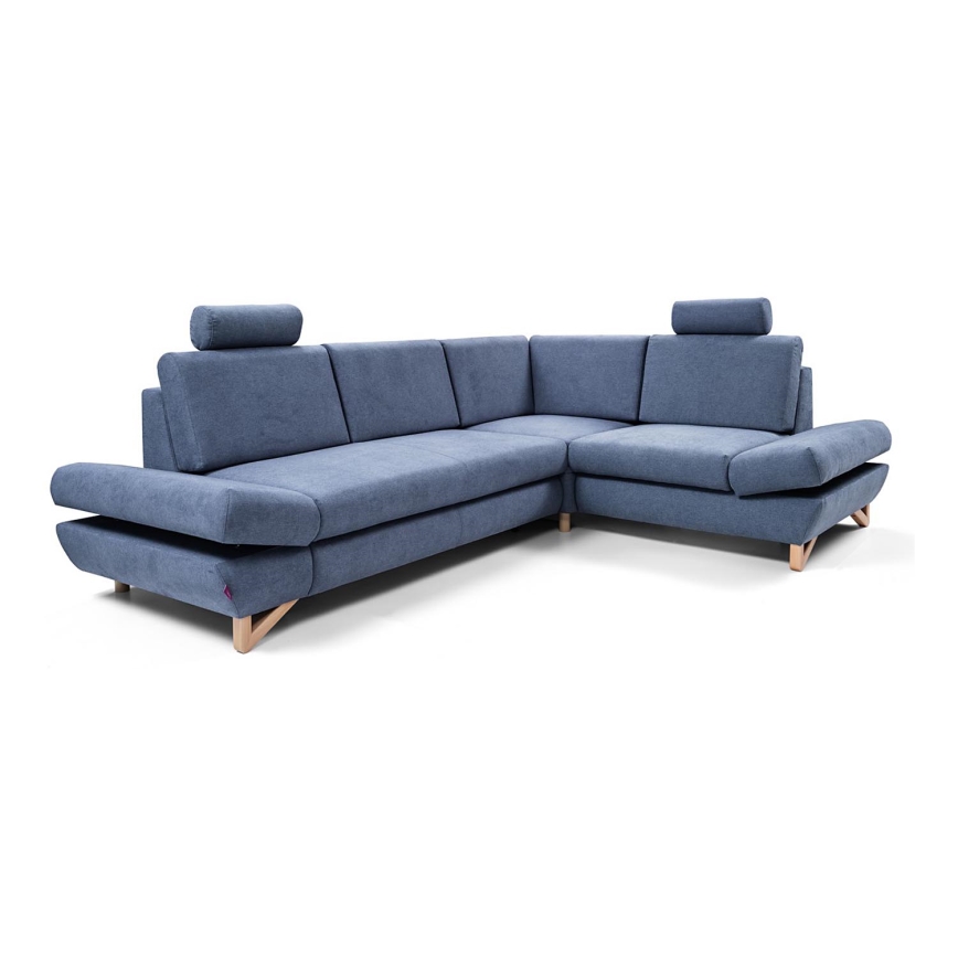 Rozkładany narożnik tapicerowany z pojemnikiem w układzie L AVESTA, prawostronny, niebieski