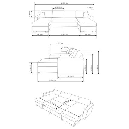 Rozkładany narożnik w układzie U JANISE z pojemnikiem, szary