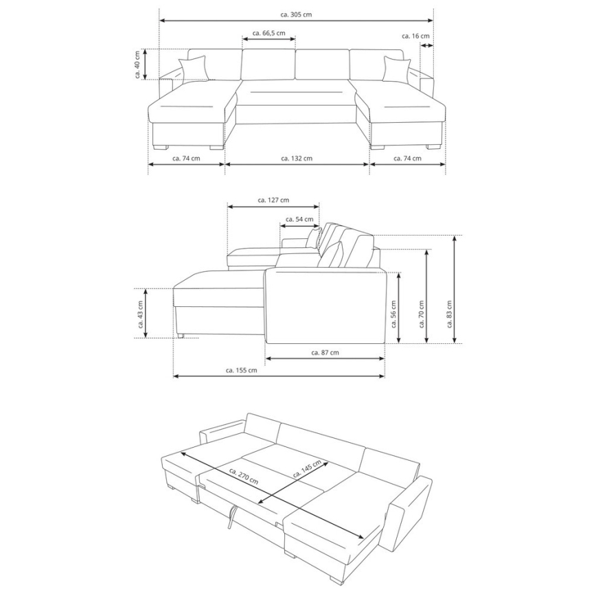 Rozkładany narożnik w układzie U JANISE z pojemnikiem, szary