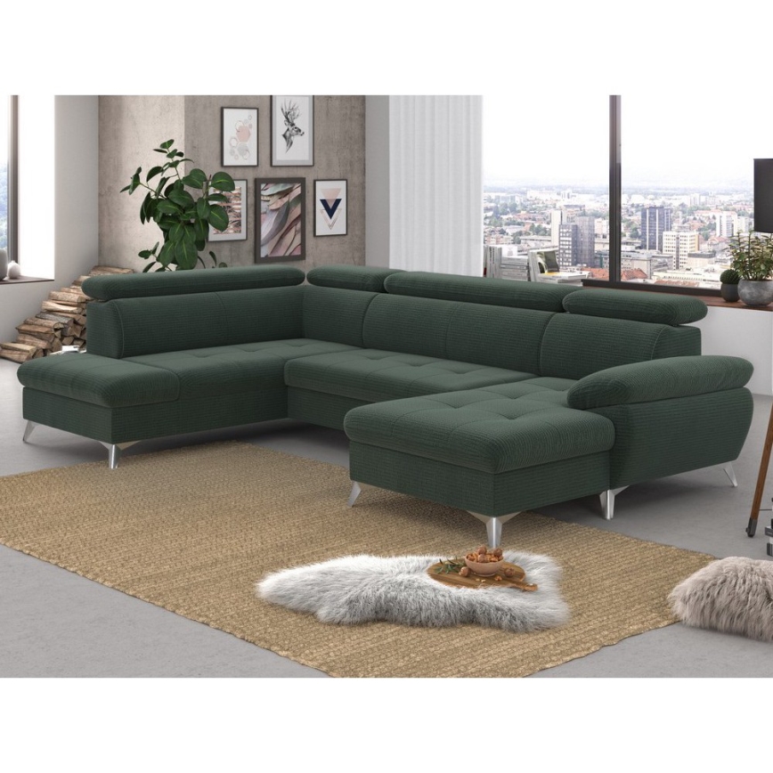 Rozkładany narożnik z pojemnikiem na pościel w kształcie litery U CATANIA lewy zielony