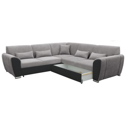 Rozkładana narożna sofa VISEU w kształcie L z pojemnikiem, prawostronna, szaro-czarna
