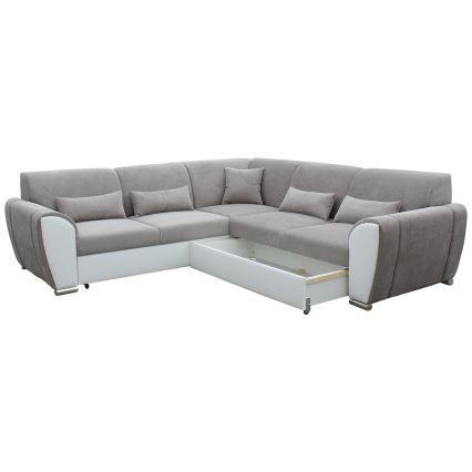 Rozkładany narożnik z pojemnikiem w układzie L VISEU, prawostronny, szary/biały