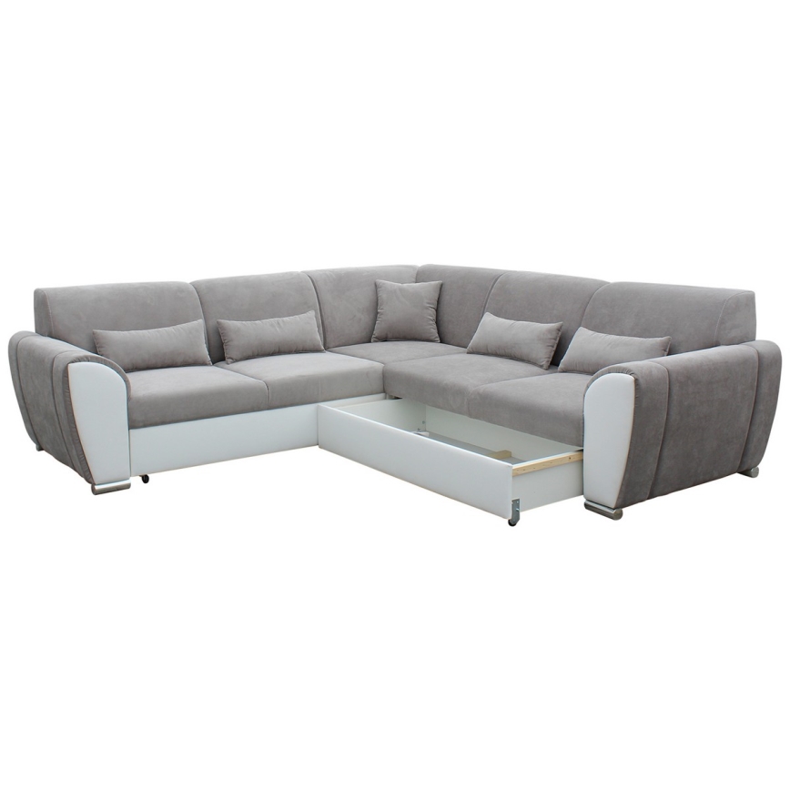 Rozkładany narożnik z pojemnikiem w układzie L VISEU, prawostronny, szary/biały