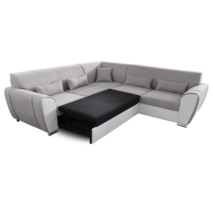 Rozkładany narożnik z pojemnikiem w układzie L VISEU, prawostronny, szary/biały