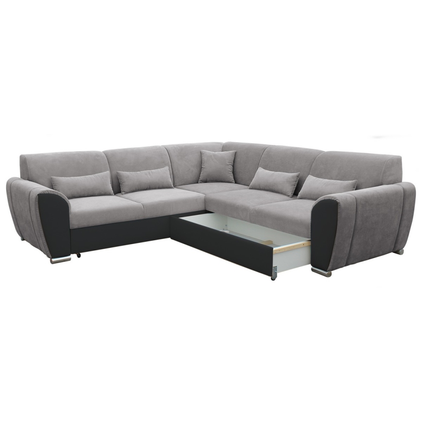 Rozkładana narożna sofa do układu L VISEU, prawostronna, szara/czarna, z pojemnikiem na pościel